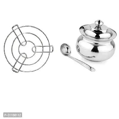 Stainless Steel Kitchen Cooking Pot Steaming Tray Round Cooker Steamer Stand And Stainless Steel Ghee Pot Jar With Spoon Pack Of 2-thumb0