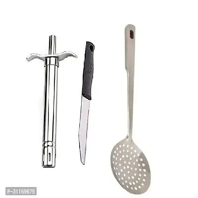 Stainless Steel Gas Lighter With Knife And Ss Cooking Spoon Strainer Poni With Long Handle Set Of 3-thumb0