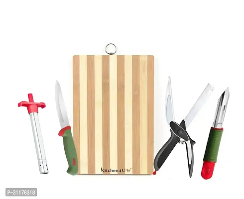 Useful Bamboo Cutting Chopping Board, Stainless Steel Knife, Stainless Steel Clever Cutter, Soft Grip Peeler And Gas Lighter-Pack Of 5