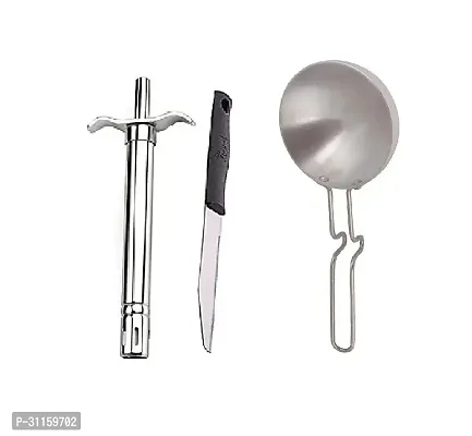 Stainless Steel Gas Lighter With Knife And Aluminium Silver Tadka Pan Set Of 3 Pcs-thumb0