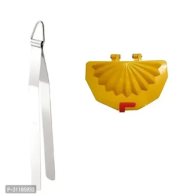 Stainless Steel Chimta for Roti Chapati Chimta Tong for Chapati Tong And Plastic Gujiya Mould Sancha Maker (Multicolour) 2 Pcs-thumb0