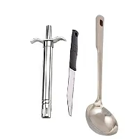 Stainless Steel Gas Lighter With Knife And Ss Cooking Spoon Strainer Chamcha With Long Handle Set Of 3-thumb1