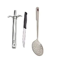 Stainless Steel Gas Lighter With Knife And Ss Cooking Spoon Strainer Poni With Long Handle Set Of 3-thumb1