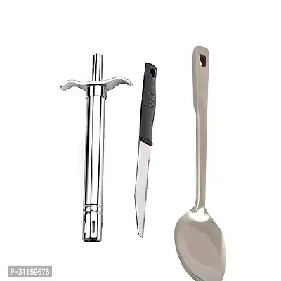 Stainless Steel Gas Lighter With Knife And Ss Cooking Spoon Strainer Paan With Long Handle Set Of 3