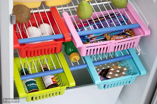 Ferrena Fridge Storage Basket,Expandable Adjustable, Under Shelf Fridge Rack Slide, Refrigerator Sliding Drawer, Plastic Fridge Space Saver Food Organizer Tray- Unbreakable (Pack of 4, Multicolor)-thumb2