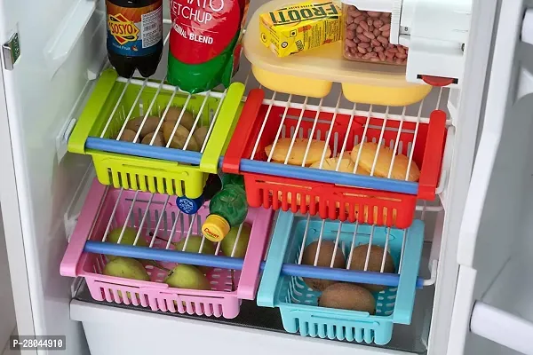 Ferrena Fridge Storage Basket,Expandable Adjustable, Under Shelf Fridge Rack Slide, Refrigerator Sliding Drawer, Plastic Fridge Space Saver Food Organizer Tray- Unbreakable (Pack of 4, Multicolor)-thumb3