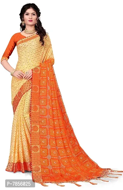 Aruna Sarees Women's Moss Chiffon Saree With Un-Stitched Blouse Piece (Beige  Orange)-thumb0
