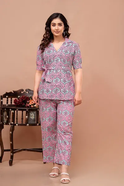 Fancy Pink Cotton Printed Co-Ords Sets For Women