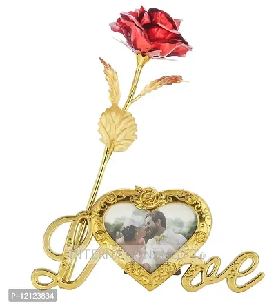 International Gift Artificial Rose Flower and Heart Photo Frame Love Shape Stand and Luxury Gift Box (Red)