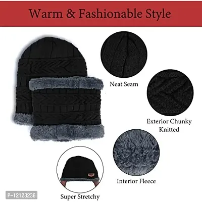 FABUNIK Woolen Winter Cap for Women with Neck Muffler Warn Soft for Snow | Knit Beanie Cap Hat Neck Warmer Scarf Set for Women (2 Piece Set) (Black)-thumb3