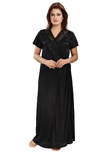 Romaisa Women's Satin Solid Maxi Length Nighty with Robe (RN285-308_Black_Free Size) (Nightwear Set Pack of 2)-thumb2