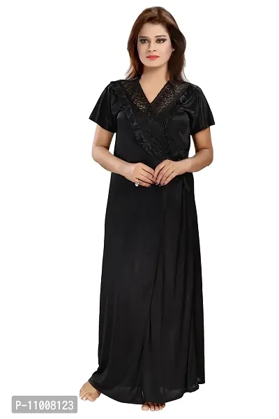 Romaisa Women's Satin Solid Maxi Length Nighty with Robe (RN285-308_Black_Free Size) (Nightwear Set Pack of 2)-thumb3