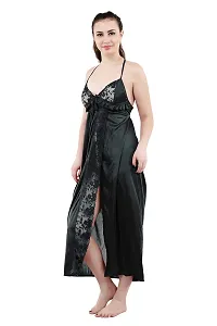 Romaisa Women's Satin Solid Maxi Length Nighty with Robe (RN286-308, Black, Free Size, Nightwear Set Pack of 2)-thumb1
