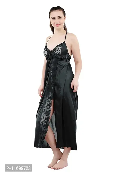 Romaisa Women's Satin Solid Maxi Length Nighty with Robe (RN286-308, Black, Free Size, Nightwear Set Pack of 2)-thumb2