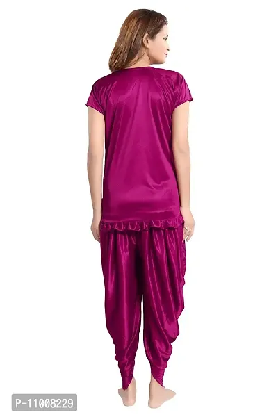 Romaisa Women's Satin Solid Nightsuit Regular Length Top with Pyjama (PT150-329_Dark Magenta_Free Size)-thumb2