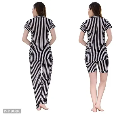 Romaisa Women's Satin Printed Nightsuit Regular Length Top and Pyjama with Shorts (PT207-308_Black_Free Size) (Nightsuit Set Pack of 3)-thumb2