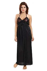 Romaisa Women's Satin Solid Maxi Length Nighty with Robe (RN285-308_Black_Free Size) (Nightwear Set Pack of 2)-thumb1