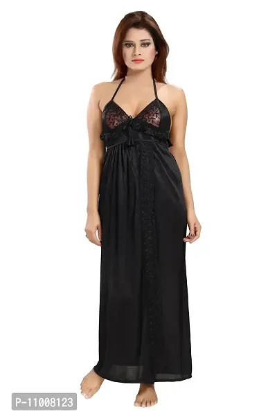 Romaisa Women's Satin Solid Maxi Length Nighty with Robe (RN285-308_Black_Free Size) (Nightwear Set Pack of 2)-thumb2