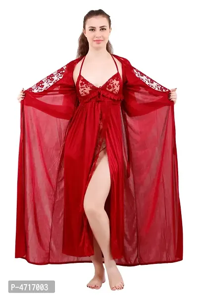 Women's Satin 2 Pcs Nightwear Set Nighty with Robe