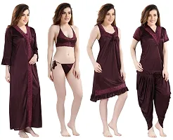 Women's Satin Nightwear Set of 6 Pcs Nighty with Robe, Nightsuit Set-thumb2