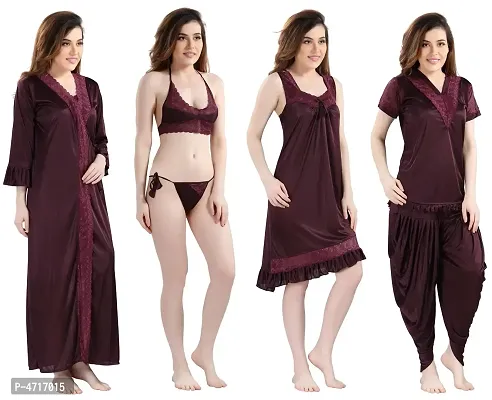 Women's Satin Nightwear Set of 6 Pcs Nighty with Robe, Nightsuit Set-thumb3