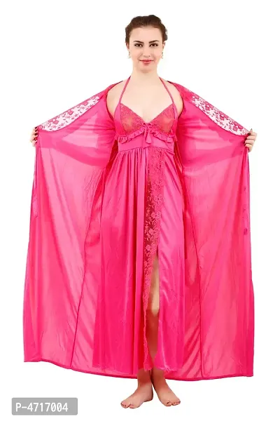 Women's Satin 2 Pcs Nightwear Set Nighty with Robe-thumb0