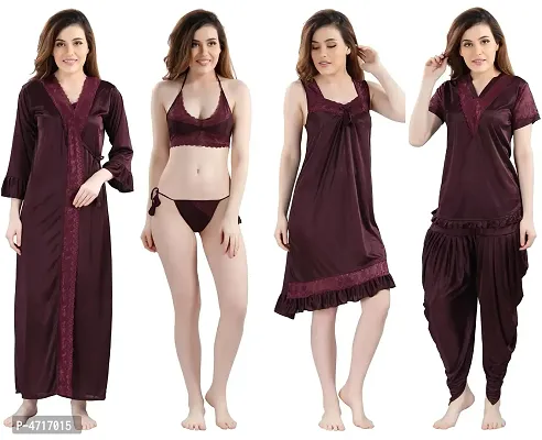 Women's Satin Nightwear Set of 6 Pcs Nighty with Robe, Nightsuit Set-thumb0