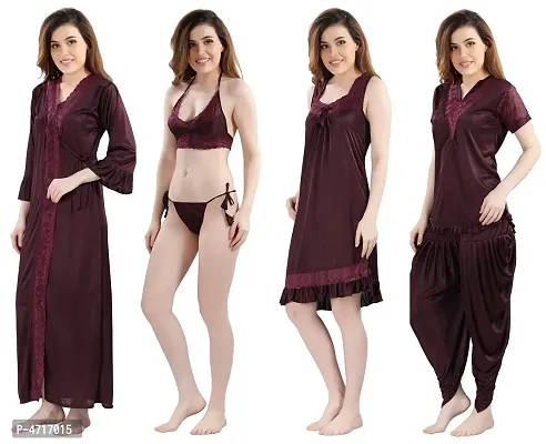 Women's Satin Nightwear Set of 6 Pcs Nighty with Robe, Nightsuit Set-thumb4