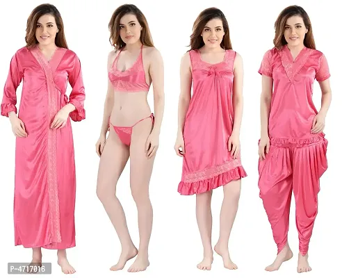 Women's Satin Nightwear Set of 6 Pcs Nighty with Robe, Nightsuit Set