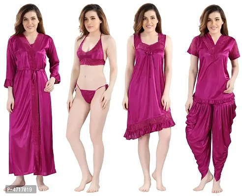 Women's Satin Nightwear Set of 6 Pcs Nighty with Robe, Nightsuit Set