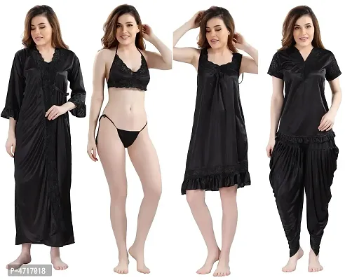 Women's Satin Nightwear Set of 6 Pcs Nighty with Robe, Nightsuit Set