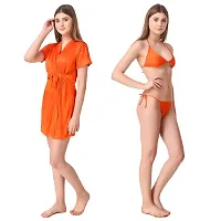 Women's Satin Short Robe with Bra and Thong Set of 3 pcs-thumb3