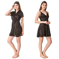 Women's Satin Nightwear Set of 4 Pcs Babydoll and Short Robe with Lingerie Set-thumb2