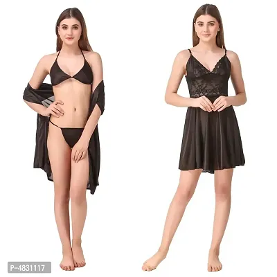 Women's Satin Nightwear Set of 4 Pcs Babydoll and Short Robe with Lingerie Set