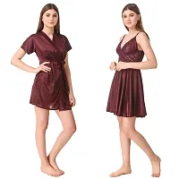 Women's Satin Nightwear Set of 4 Pcs Babydoll and Short Robe with Lingerie Set-thumb3