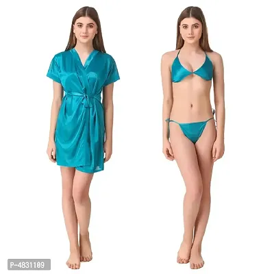 Women's Satin Short Robe with Bra and Thong Set of 3 pcs