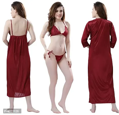 Women Satin Nightwear Set of 4 Pcs Nighty with Robe and Lingerie Set-thumb2