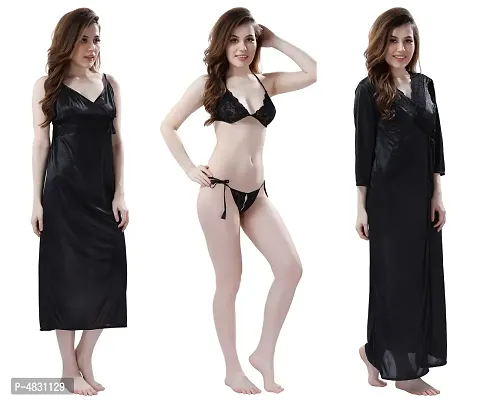 Women Satin Nightwear Set of 4 Pcs Nighty with Robe and Lingerie Set-thumb4