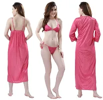 Women Satin Nightwear Set of 4 Pcs Nighty with Robe and Lingerie Set-thumb1