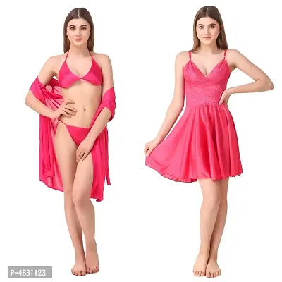 Women's Satin Nightwear Set of 4 Pcs Babydoll and Short Robe with Lingerie Set-thumb0