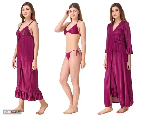 Women Satin Nightwear Set of 4 Pcs (Nighty, Wrap Gown, Lingerie Set)-thumb4