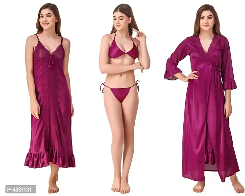 Women Satin Nightwear Set of 4 Pcs (Nighty, Wrap Gown, Lingerie Set)