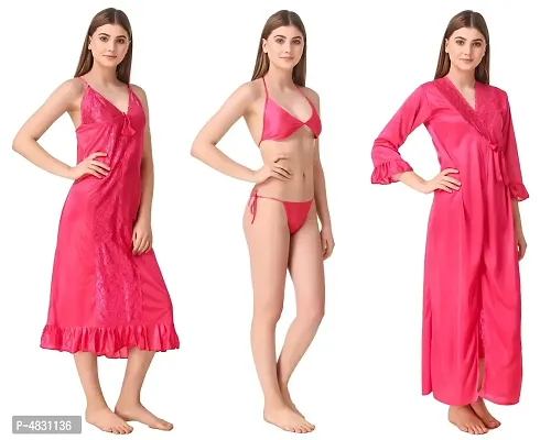 Women Satin Nightwear Set of 4 Pcs (Nighty, Wrap Gown, Lingerie Set)-thumb3
