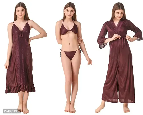 Women Satin Nightwear Set of 4 Pcs (Nighty, Wrap Gown, Lingerie Set)-thumb0