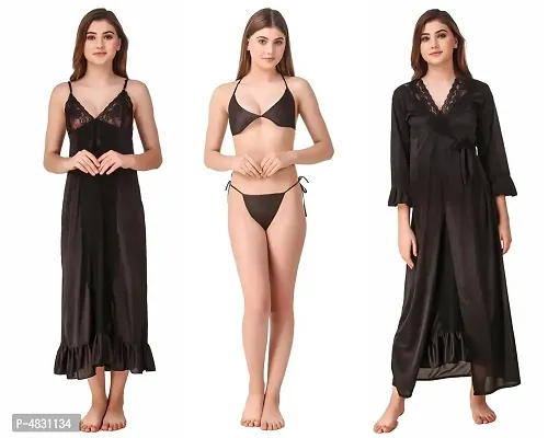 Women Satin Nightwear Set of 4 Pcs (Nighty, Wrap Gown, Lingerie Set)