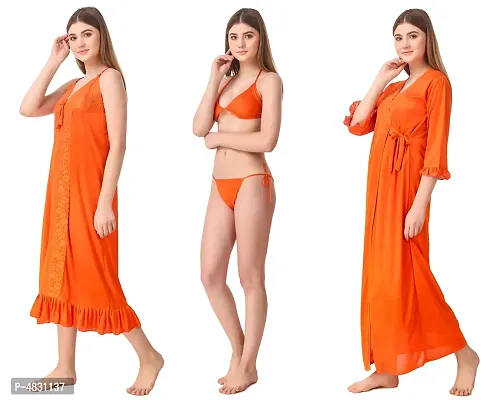Women Satin Nightwear Set of 4 Pcs (Nighty, Wrap Gown, Lingerie Set)-thumb4
