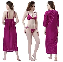 Women Satin Nightwear Set of 4 Pcs Nighty with Robe and Lingerie Set-thumb1