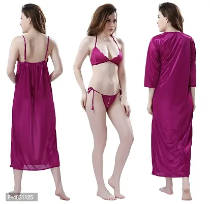 Women Satin Nightwear Set of 4 Pcs Nighty with Robe and Lingerie Set-thumb2