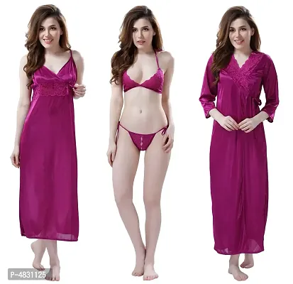Women Satin Nightwear Set of 4 Pcs Nighty with Robe and Lingerie Set-thumb0