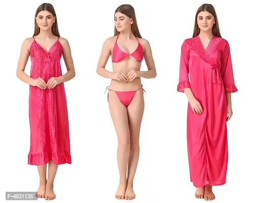 Women Satin Nightwear Set of 4 Pcs (Nighty, Wrap Gown, Lingerie Set)-thumb0